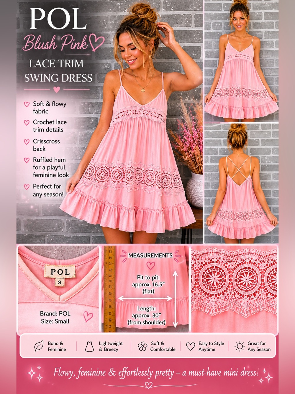 POL Blush Pink Lace Trim Swing Mini Dress Boho Crisscross‎ Back Tunic Small